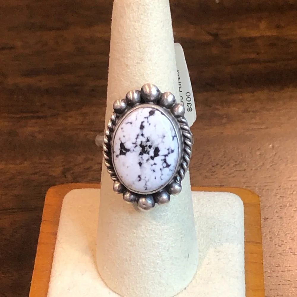 WHITE BUFFALO Turquoise Sterling Silver Cabochon Navajo Ring Size Adjustable - Picture 4 of 11